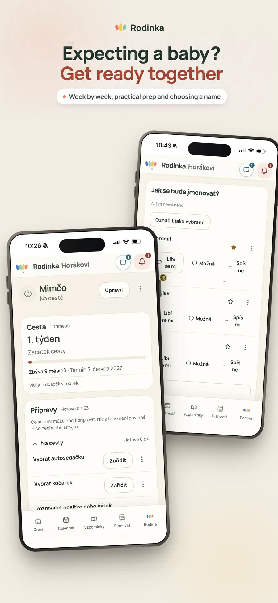 Two phones showing Rodinka’s expected-child journey, practical preparations and shared name choices