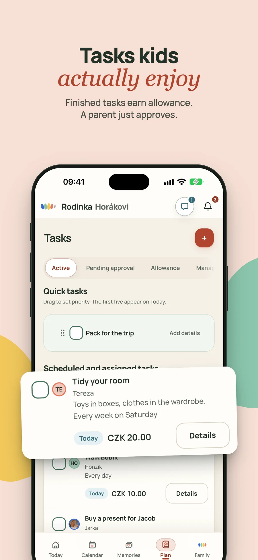 Rodinka’s Tasks screen with quick tasks and chores assigned to children, including repeats and rewards