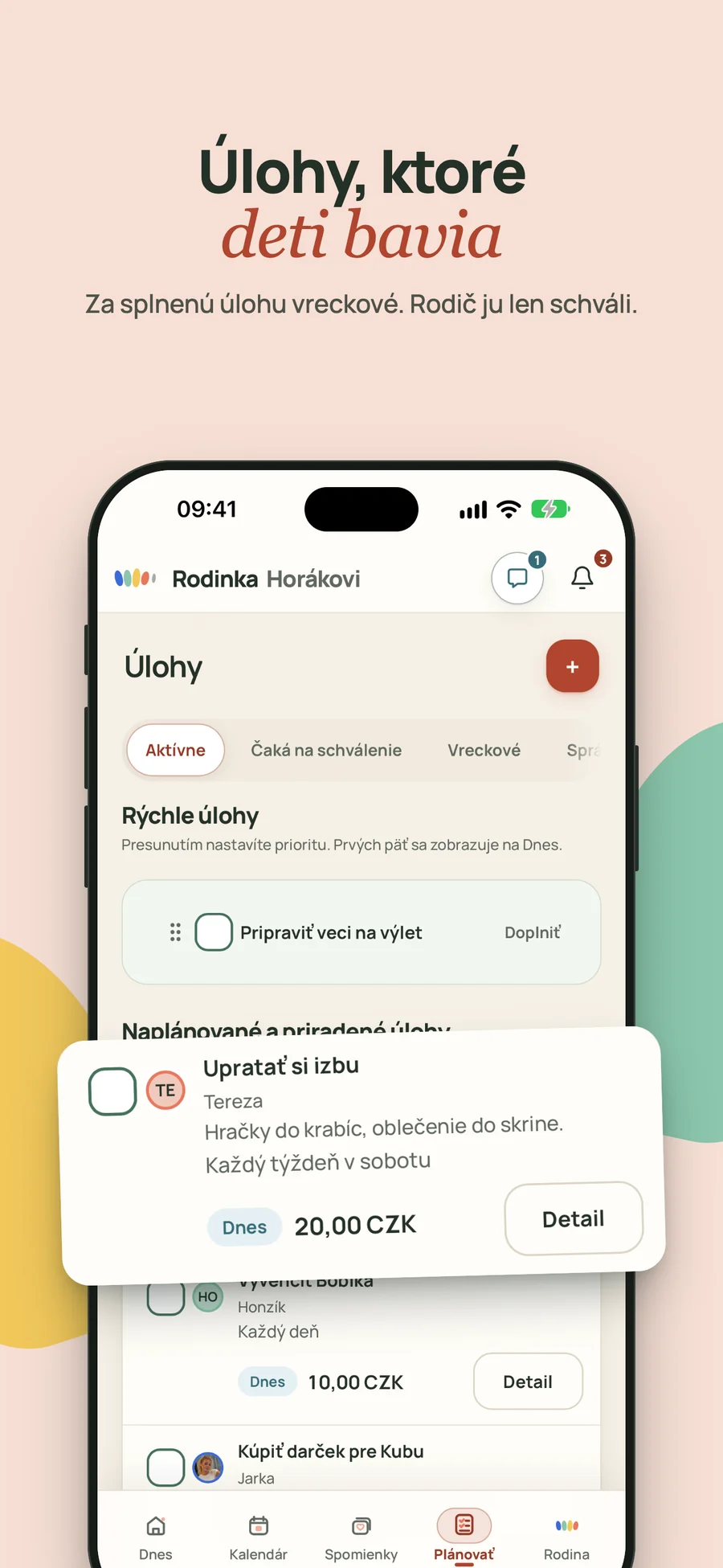 Obrazovka Úlohy v Rodinke s rýchlymi úlohami a úlohami priradenými deťom vrátane opakovania a odmeny