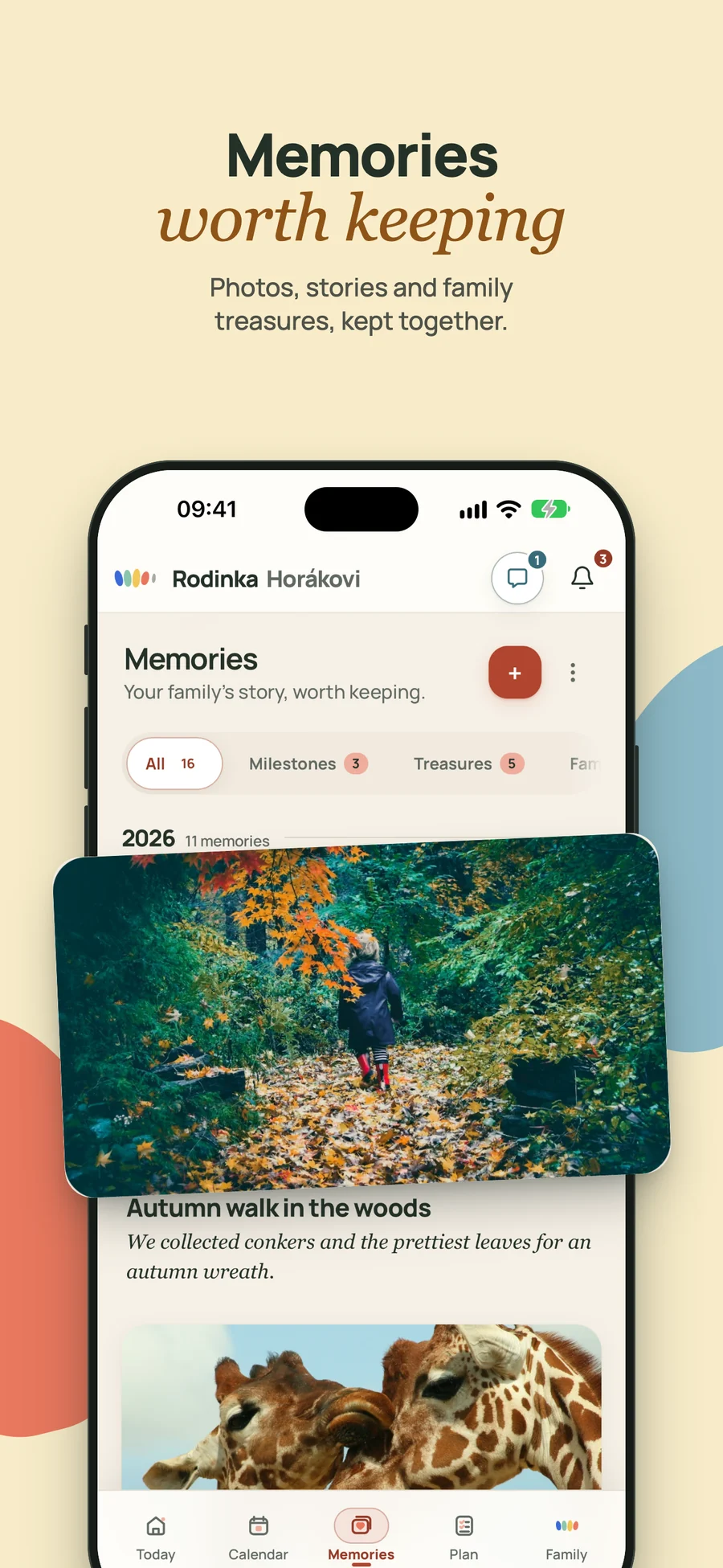 The Memories screen in Rodinka with the family timeline and a photo from an autumn walk in the woods