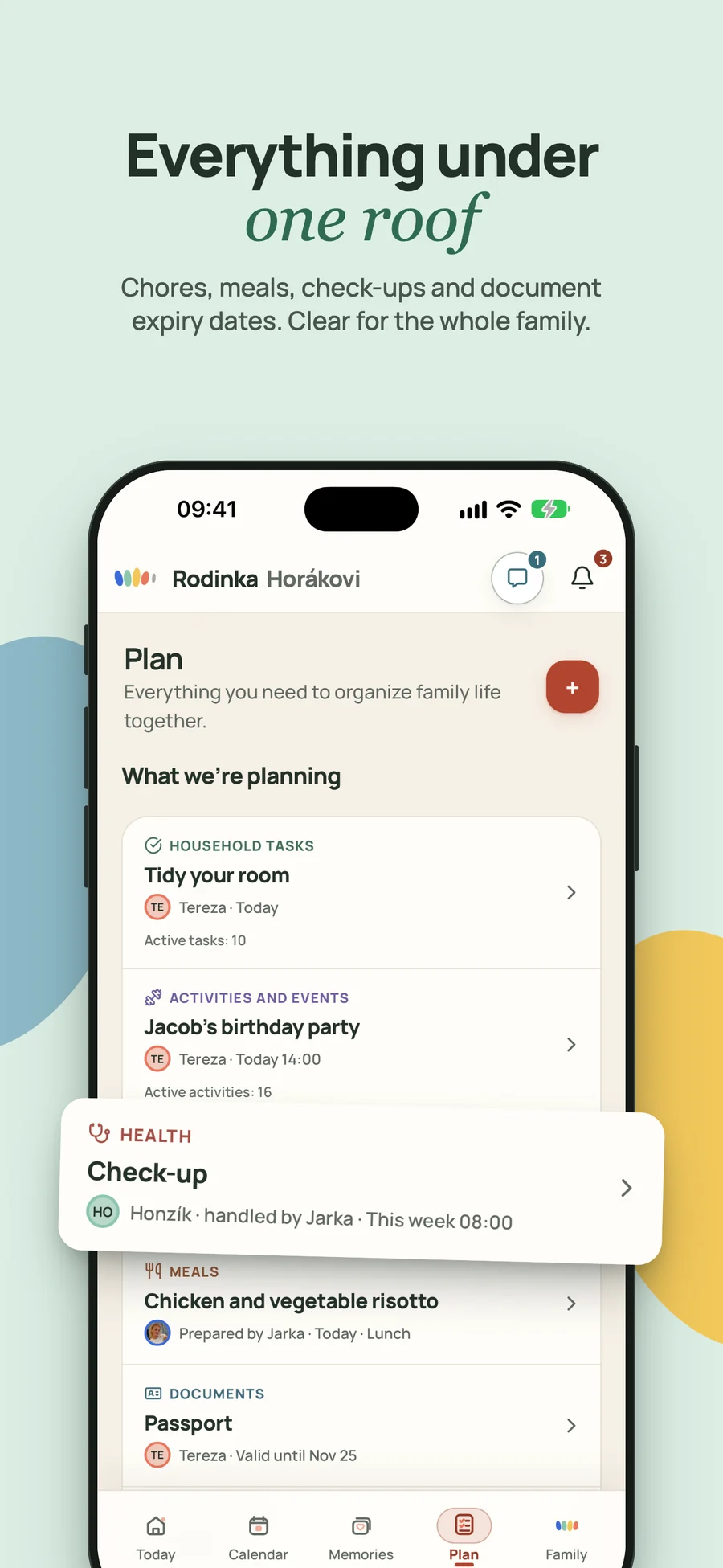 Rodinka’s Plan screen with household chores, activities, health, meals and documents