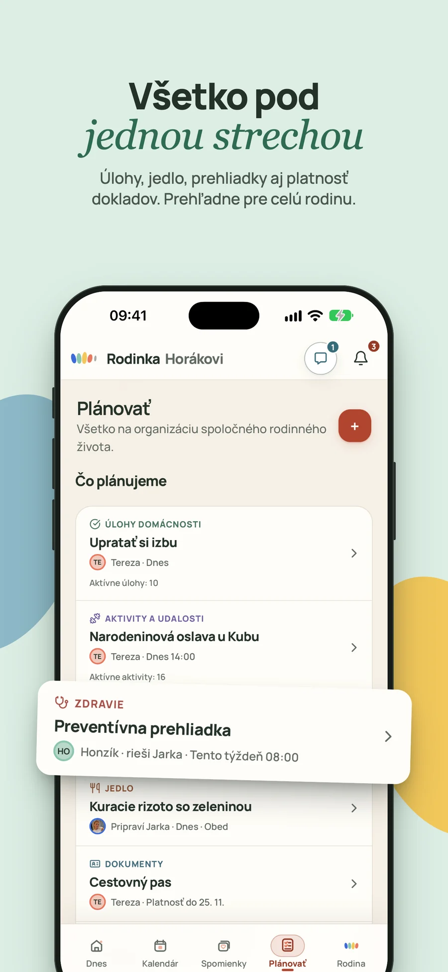 Obrazovka Plánovať v Rodinke s domácimi úlohami, aktivitami, zdravím, jedlom a dokumentmi