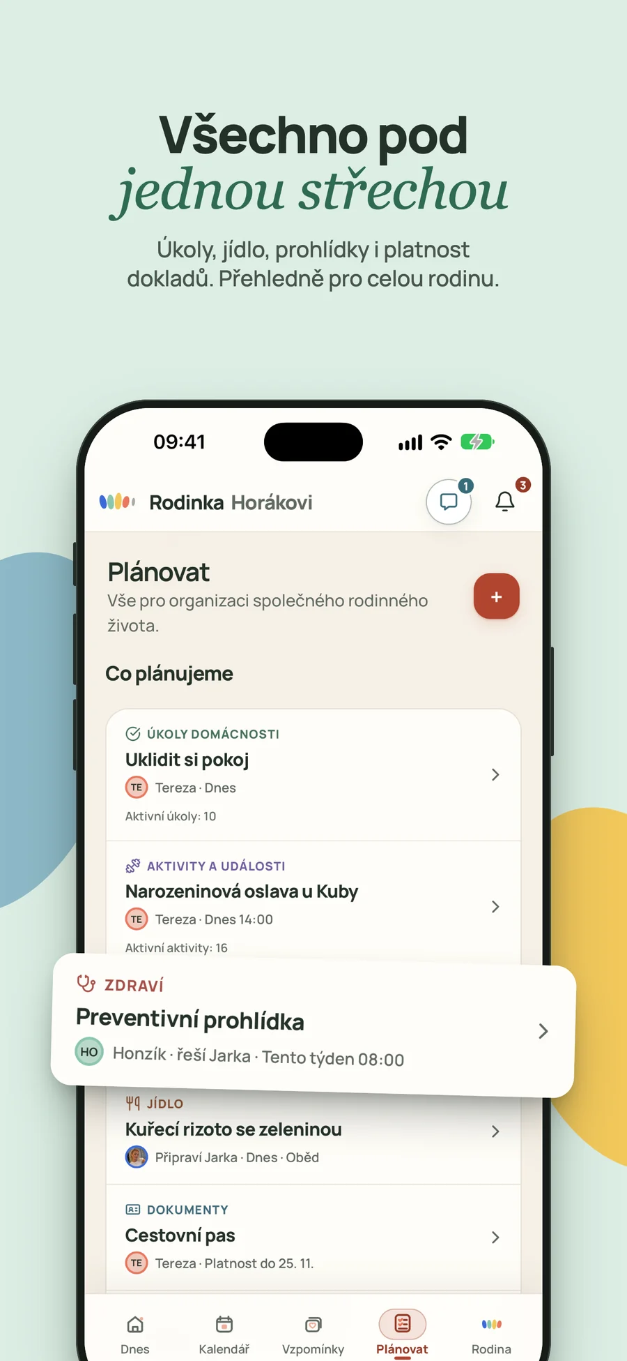 Obrazovka Plánovat v Rodince s domácími úkoly, aktivitami, zdravím, jídlem a dokumenty