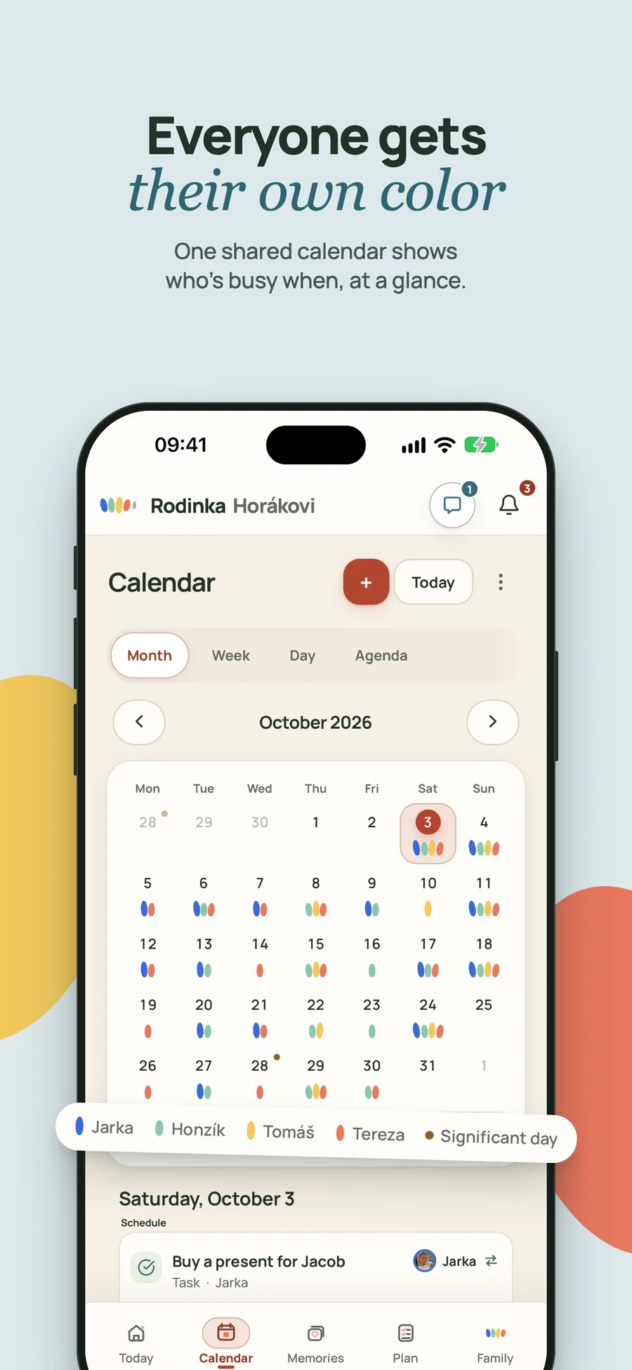 Month view of Rodinka’s shared family calendar, where every family member has their own colour