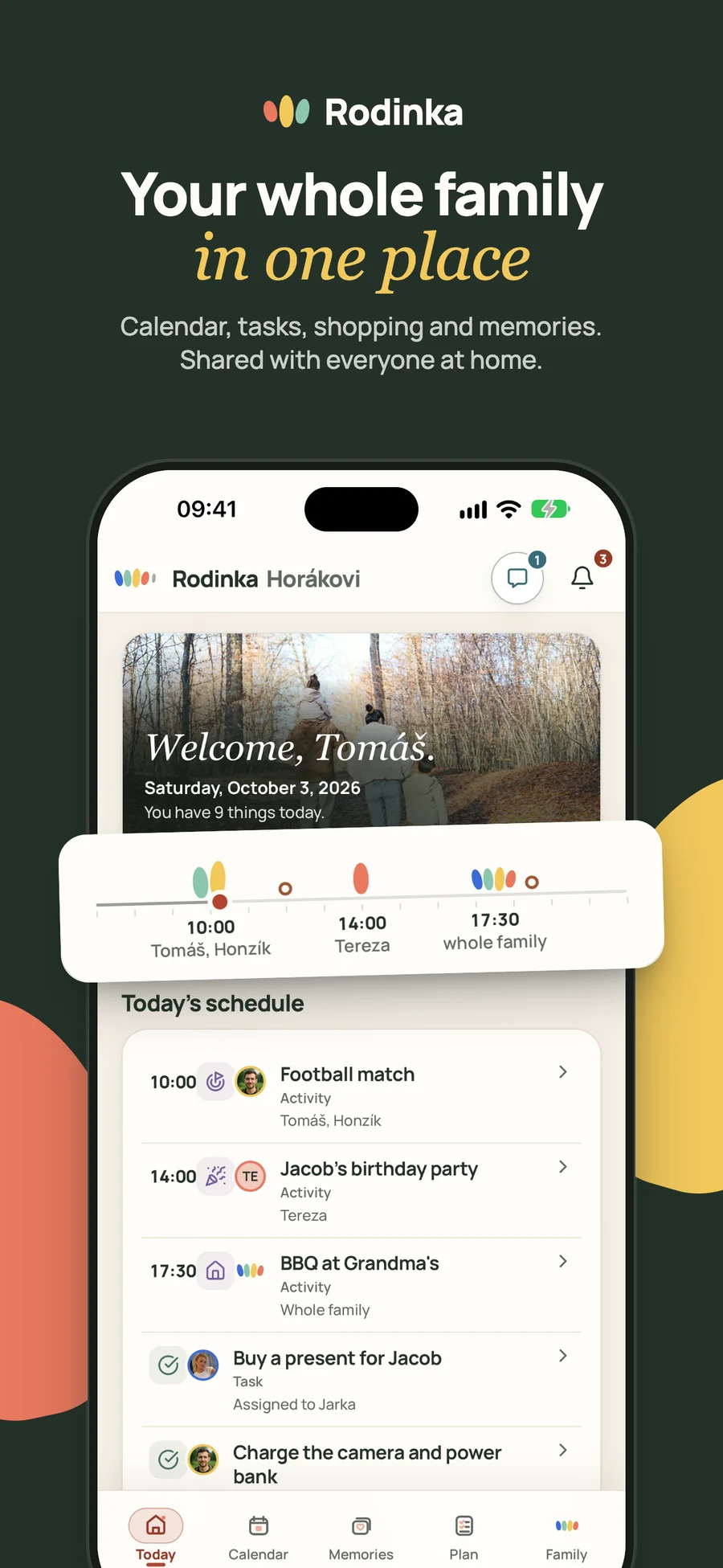 The Today screen in Rodinka with the family’s day line and today’s schedule of activities and chores