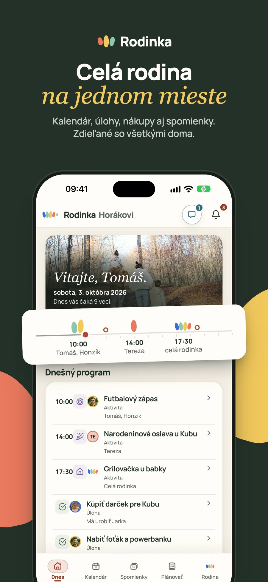 Obrazovka Dnes v Rodinke s dennou linkou rodiny a dnešným programom aktivít a úloh